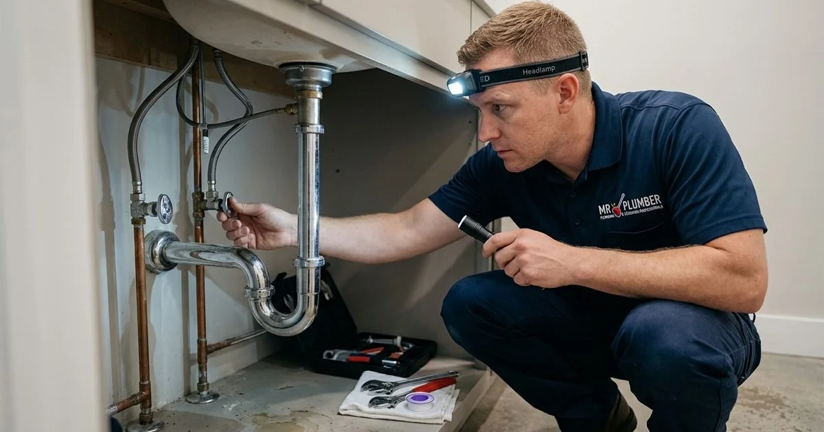 Plumber performing a routine plumbing maintenance inspection at a Sydney home