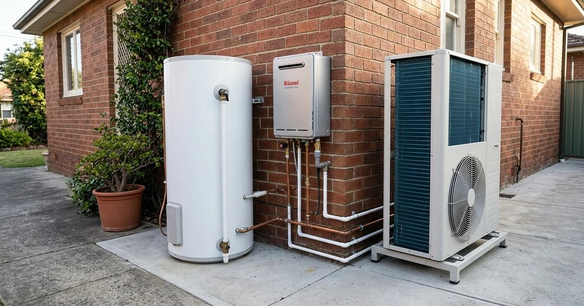 Three different hot water systems side by side showing electric, gas, and heat pump options