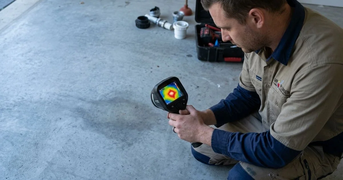 Plumber using specialised equipment to detect a water leak under a concrete slab foundation