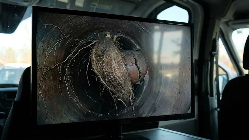 CCTV footage showing recurring tree root intrusion in a cracked pipe joint