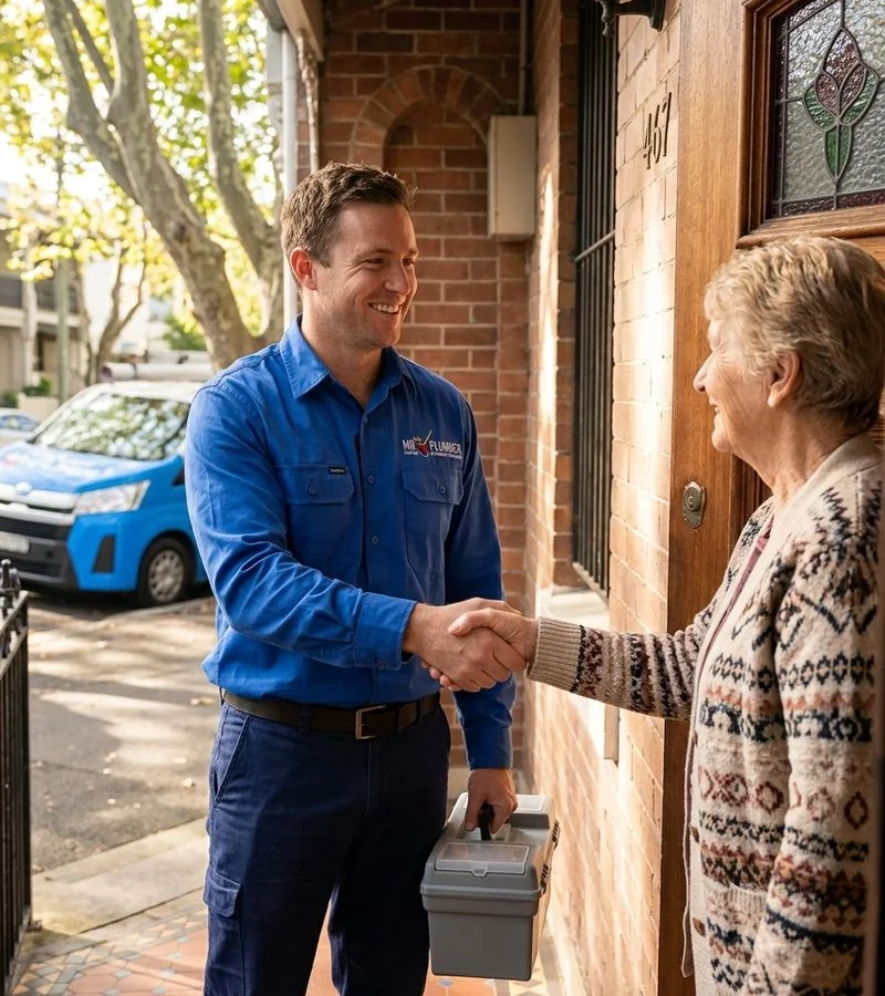 Mr Plumber professional greeting a homeowner
