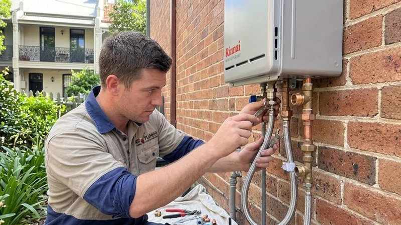 New gas instantaneous hot water system being installed on an exterior wall