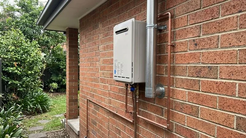 Close-up of a gas instantaneous hot water system mounted on an exterior wall