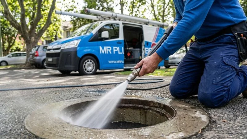 High-pressure hydro jetting cleaning the inside of a drain pipe