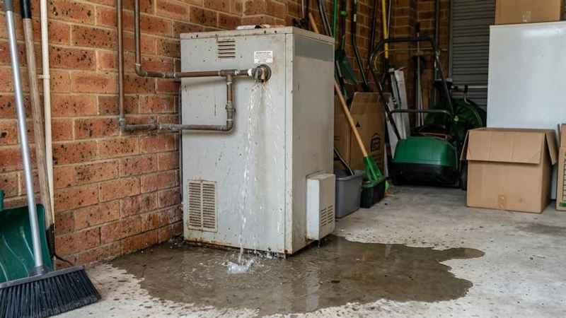 Hot water system with visible leak at the base