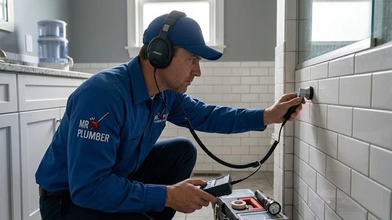Person listening to wall with concern as water sounds come from hidden pipes