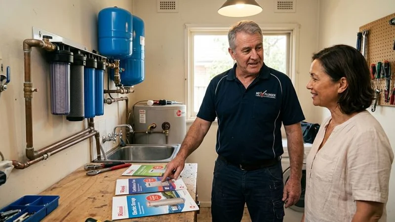 Mr Plumber team member advising a homeowner on hot water system sizing