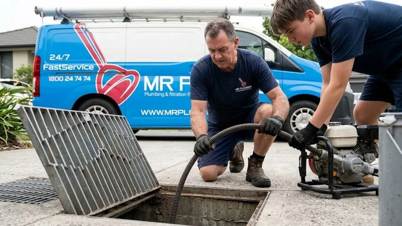 Plumber using an electric eel to clear a blocked drain