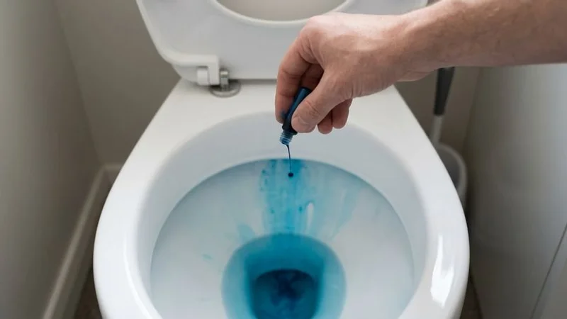 Food colouring being added to a toilet cistern to test for a leak