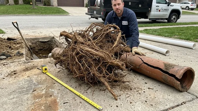 Tree roots growing into a cracked clay sewer pipe