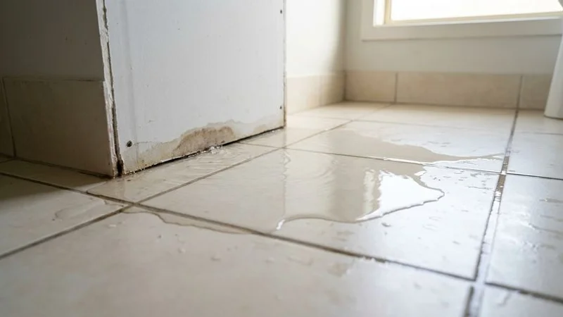 Water pooling on a floor from a burst pipe behind a wall